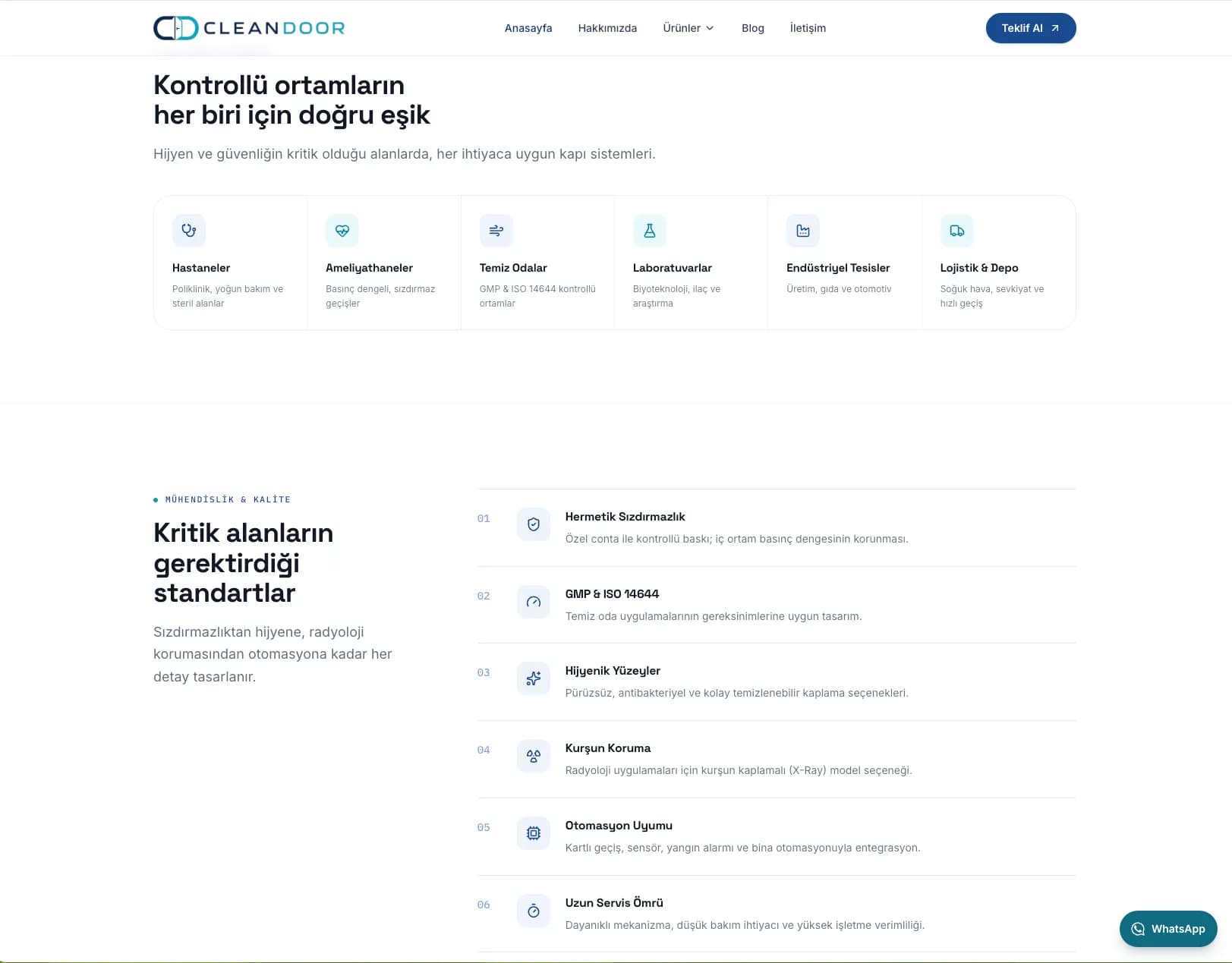 Cleandoor kullanım alanları ve standartlar bölümü