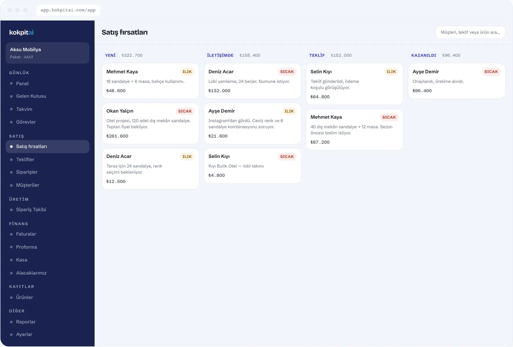 Kokpit AI sales opportunities kanban board