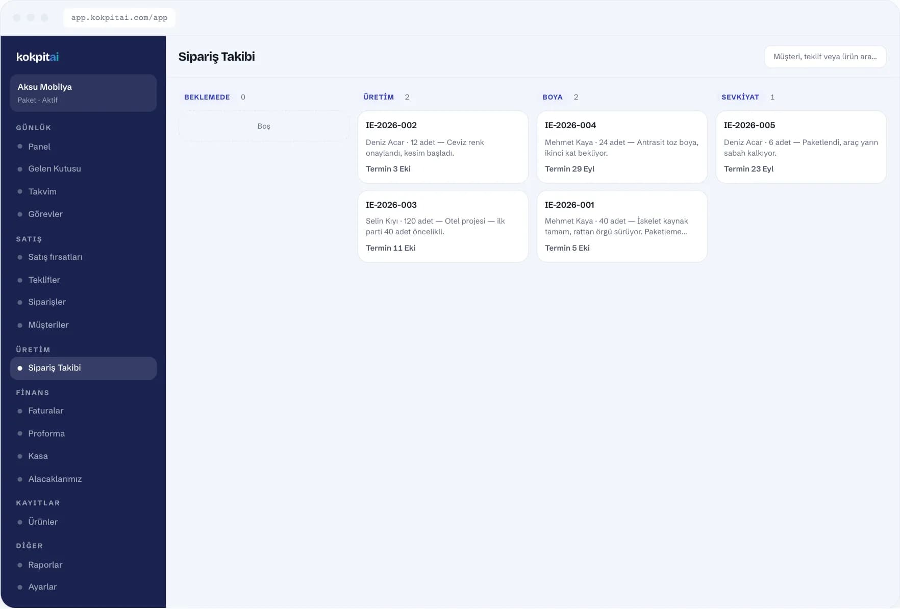 Kokpit AI order and production tracking board