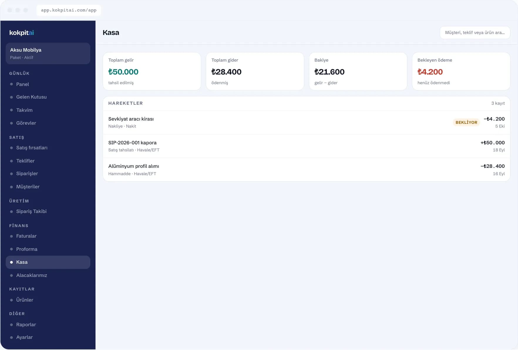 Kokpit AI cash and collections screen