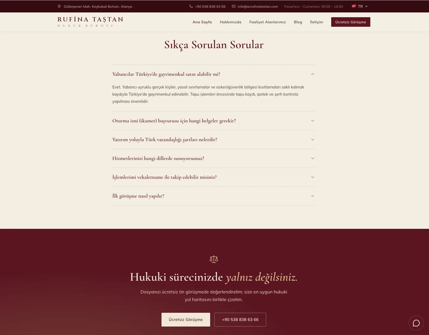 Rufina Taştan Hukuk Bürosu sıkça sorulan sorular ve görüşme çağrısı