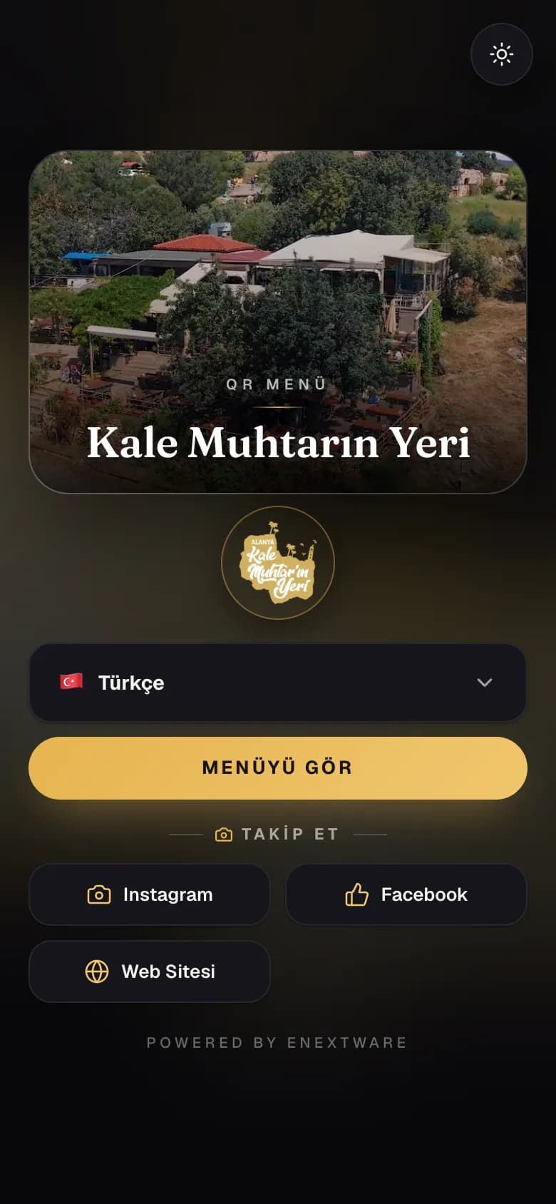 QR menü restoran dijital menü giriş ekranı: işletme görseli, logo, dil seçimi ve sosyal medya bağlantıları