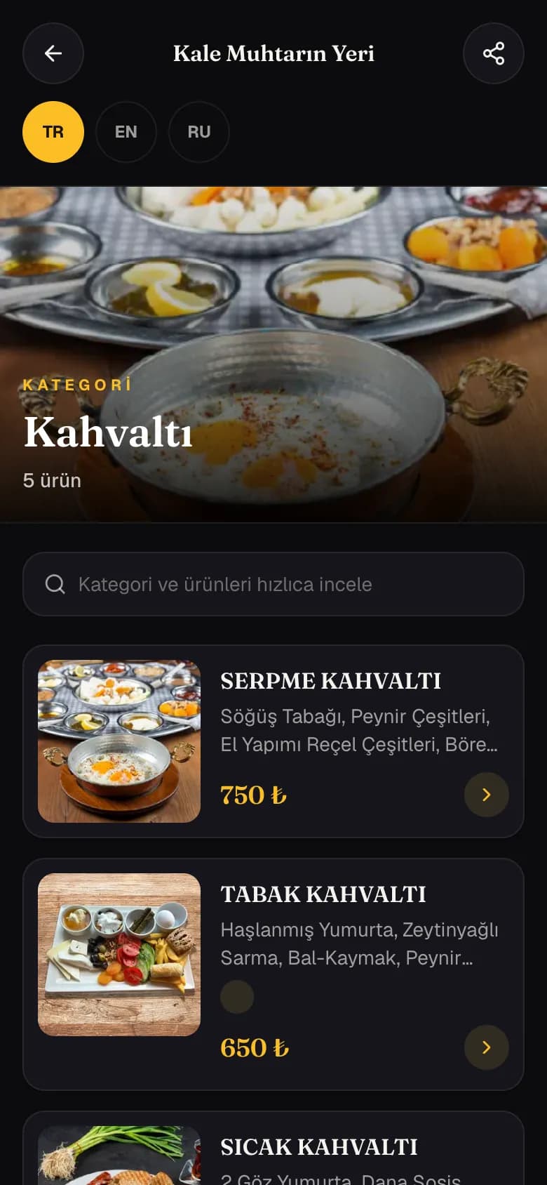 QR menü ürün listesi: fotoğraf, açıklama ve fiyatla ürünler